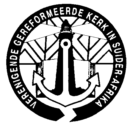 Emblem of URCSA. Contains a ship anchor in white color with a coastal lighhouse on the
background in black color. The top part of the ship anchor is aligned to the center of the coastal lighthouse and the
bottom part of the ship anchor is spread out on the bottom of the coastal lighhouse. Both the anchor and the lighthouse
are within a branded circle which is black in color and the background color within the circle is white. The outline of
the circle contains the words 'VERENIGENDE GEREFORMEERDE KERK IN SUIDER-AFRIKA' which is the Dutch language translation
for 'Uniting Reformed Church in Southern Africa'. All the words are in white font-color in a black background. The circle
is not joined at the bottom of the picture.