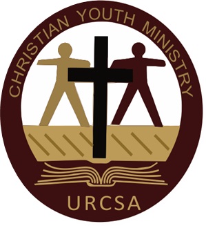 Image of CYM logo but in gold and red colors.
It is a circle with the inscription CHRISTIAN YOUTH MINISTRY at the top of the circle and URCSA at the bottom. In the centre there are two
stick figures with hands streched out and with a Jesus Cross in between them and they are touching the cross.